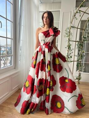 Teuta Matoshi White One-Shoulder Ball Gown with Red Poppy Print - never worn